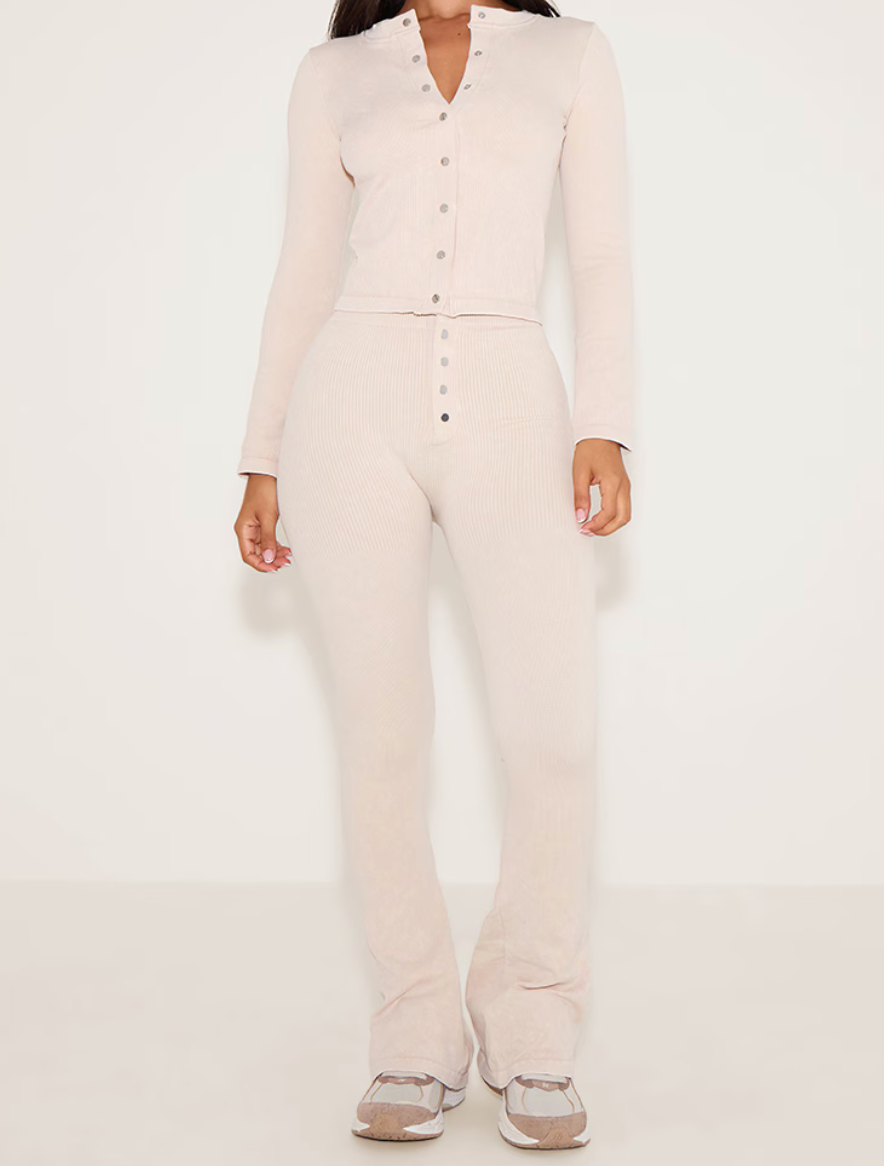 CREAM FADED SNATCHED RIB LONG SLEEVE BUTTON UP SET